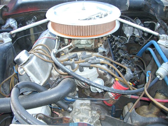 Close-up of a Ford V8 engine with air cleaner, carburetor, distributor, and spark plug wires