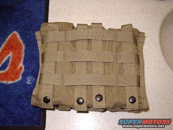 Tan tactical pouch with MOLLE webbing and snap closures