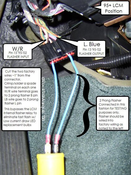 lcmflasherbypass.jpg Bypassing the LCM's flasher to use a standard stand alone auto flasher to cure fast flash condition when using LED bulbs