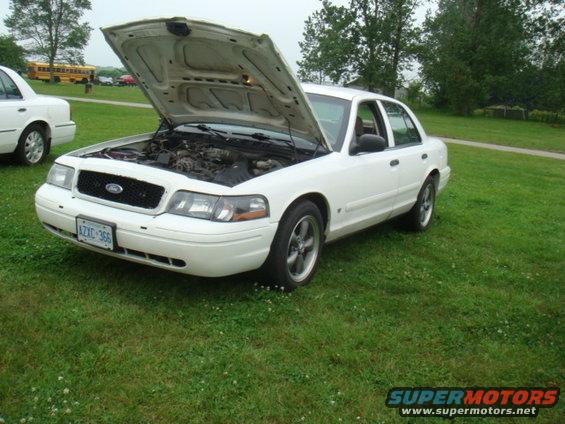 White 2004 Ford Crown Victoria, hood open, parked on grass