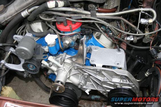 Engine bay with blue painted intake manifold, red distributor cap, and various hoses and wires