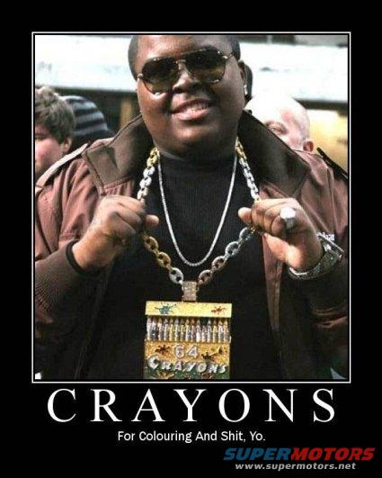 Man wearing a large necklace shaped like a box of 64 crayons