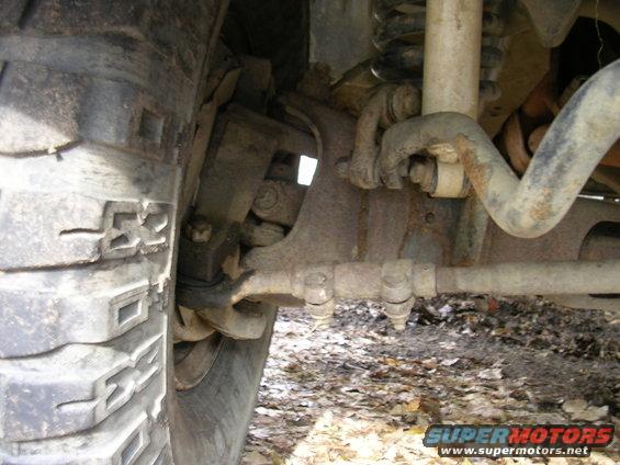 close-up of vehicle's front suspension and tire