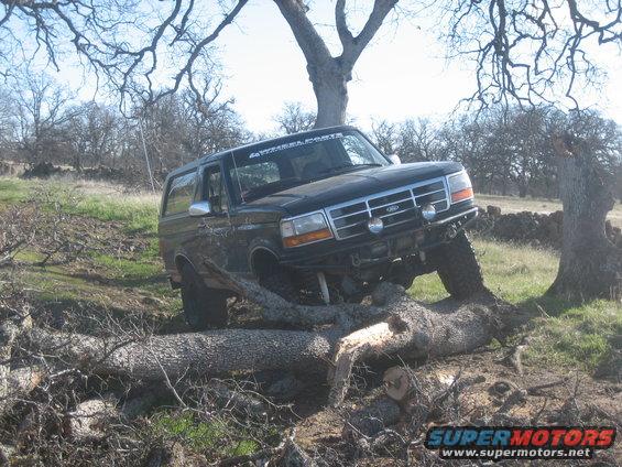 Black Ford Bronco off-roading over fallen trees, front-left tire elevated