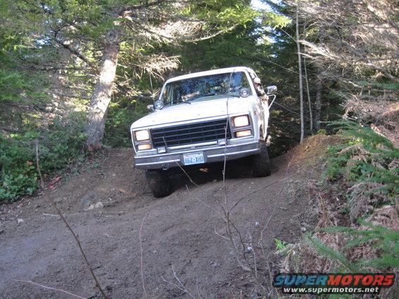 1980 Ford Bronco driving on a dirt trail through trees