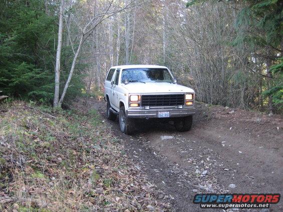 1980 Ford Bronco driving on a dirt road in a wooded area. License plate is 062-XHC