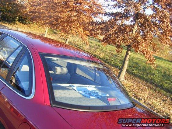 Red sedan's rear window shows a blue cloth on the back seat. Trees with fall colors are in the background