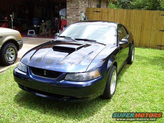Blue coupe with flame decals and hood scoop, parked on grass