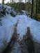 1989 Ford Bronco - A snowy forest road shows deep tire tracks and puddles from recent melting.