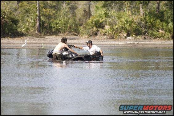 Two men struggling to free an ATV from shallow water near a wooded bank. A white bird stands in the background
