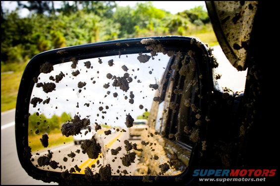 Mud splattered on a side mirror reflecting a road and trees. Another vehicle is visible in the distance
