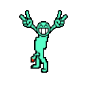 Pixelated teal figure with arms raised in peace signs and a wide grin