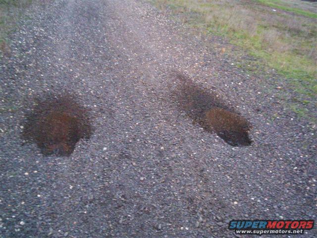 Two dark oil stains on a gravel road surface