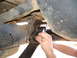 1978 Ford Bronco - Hands work on the suspension of a vehicle, focusing on the leaf spring and frame area.