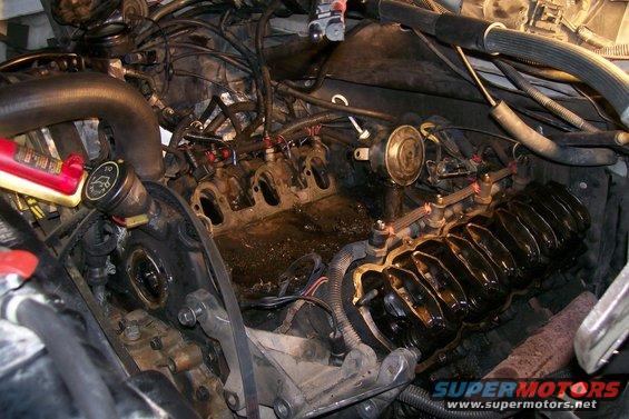 Engine bay with cylinder heads removed, showing valves and intake ports