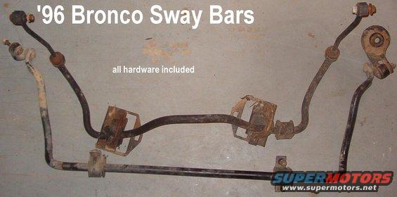 swaybars96.jpg SOLD Sway Bars from '96 Bronco

All hardware, fasteners, & bushings included. 
ACTUAL Dimensions: 46x18x10" @ 39.2 lbs