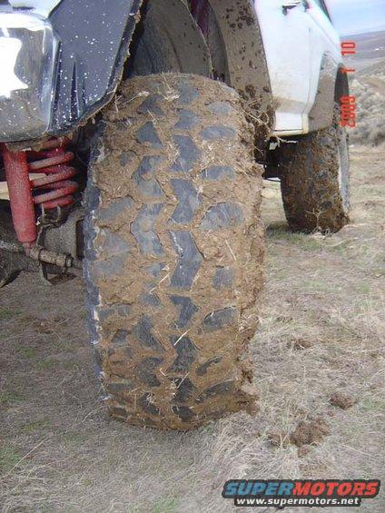 Close-up of a large, mud-caked off-road tire on a white vehicle. Red shock absorber visible
