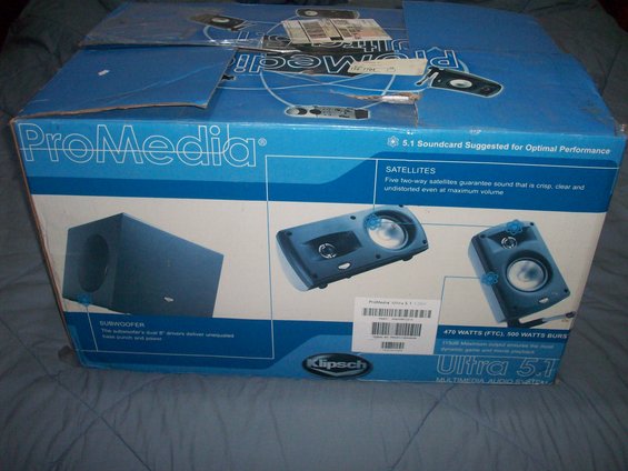 Klipsch ProMedia Ultra 5.1 speakers box with subwoofer and satellite images