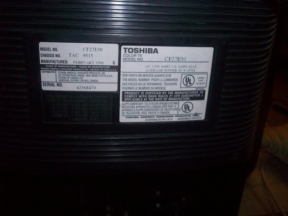 Toshiba TV label showing model CF27E50, manufactured February 1996, serial number 42568479
