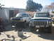 1987 Ford Bronco - Two Ford trucks, a dark F-Series and a white Bronco, are parked outside a garage.