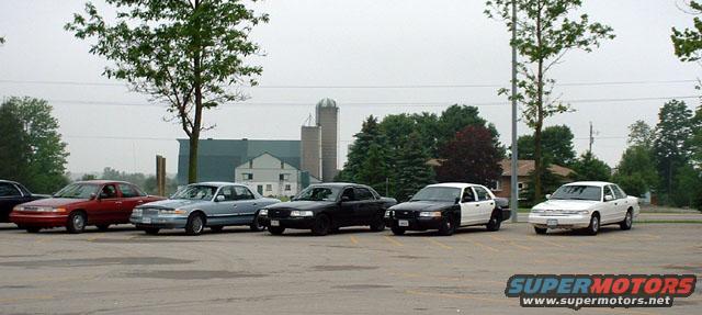 Five Ford Crown Victorias parked in a lot, including two police-style cars and three civilian sedans