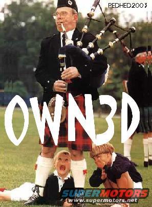 Man in kilt playing bagpipes with two children on grass, large white text overlay
