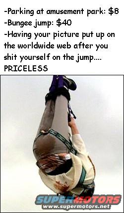 Person hanging upside down from bungee cords, text above lists prices for amusement park activities