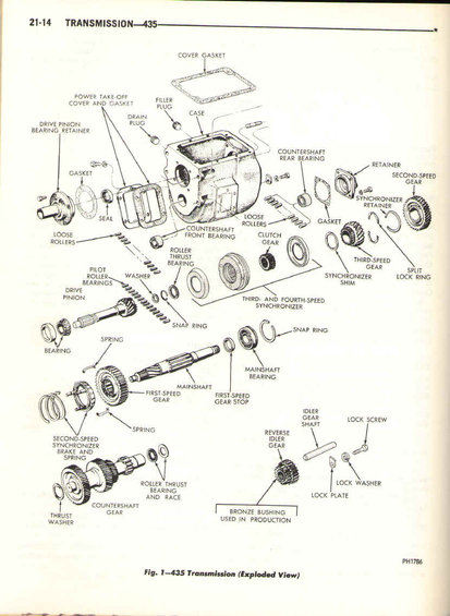 Exploded view diagram of a transmission with labeled parts like case, gears, bearings, and shafts