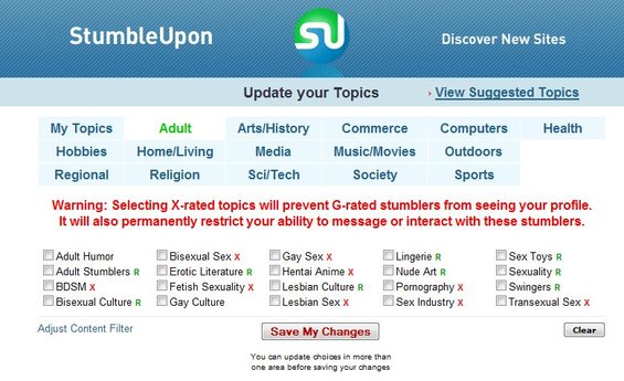 StumbleUpon website interface with topic selection options