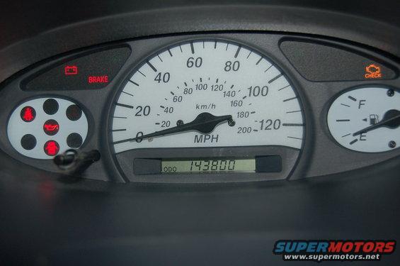 Car dashboard with speedometer, odometer reading 143800, and warning lights for brake and check engine