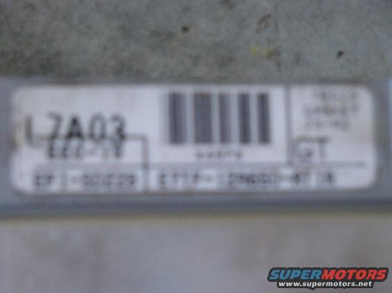 new-pics-017.jpg sry blury shot, it reads in order: 
L7A03
EEC-IV       *497*      GT
EFI-SD22B    E7TF-12A650-AT 1A

(says in the right top corner:7B023
                                        Gasket
                                        J3-M2