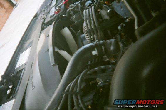 Engine bay with fan and hoses visible