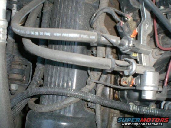 Engine fuel lines and connectors, some with visible wear and oil residue