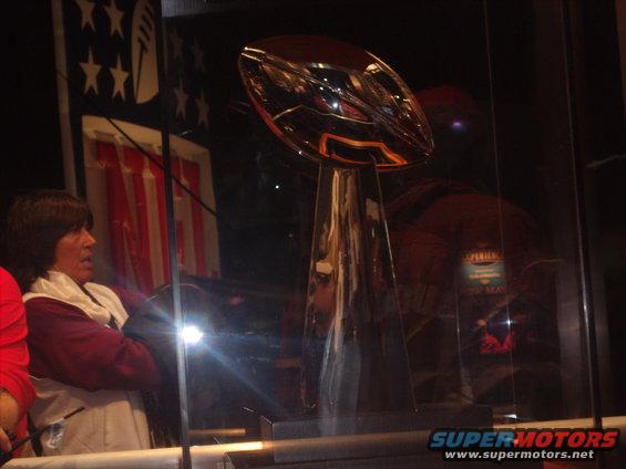 Trophy displayed behind glass with a person looking on