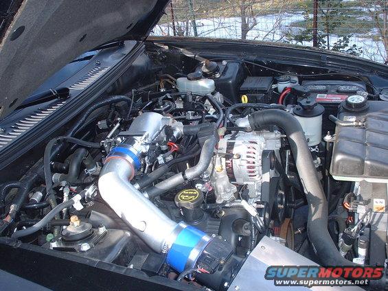 2002 Ford Mustang engine bay with aftermarket intake, clean engine components, and visible battery