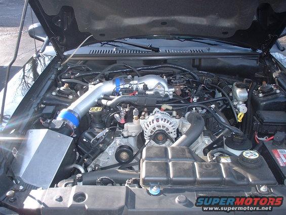 2002 Ford Mustang engine bay with aftermarket intake