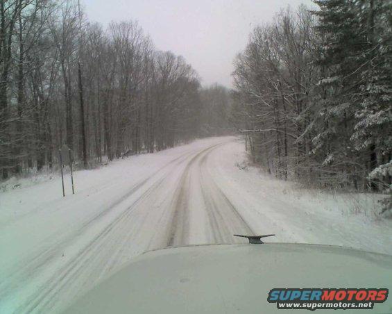 Hood ornament on a snowy road with trees