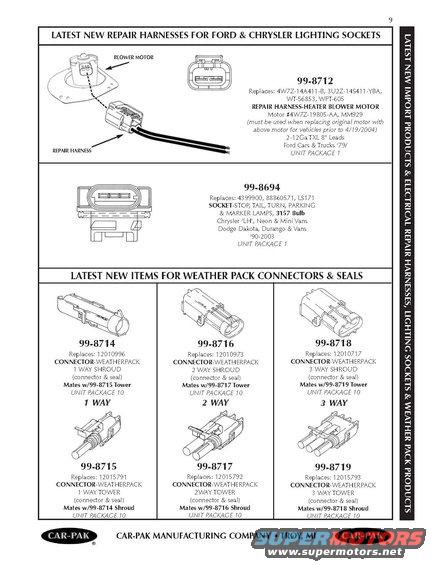 99-8712
Replaces: 4W7Z-14A411-B, 3U2Z-14S411-YBA,
WT-56853, WPT-605
REPAIR HARNESS-HEATER BLOWER MOTOR
Motor #4W7Z-19805-AA, MM929