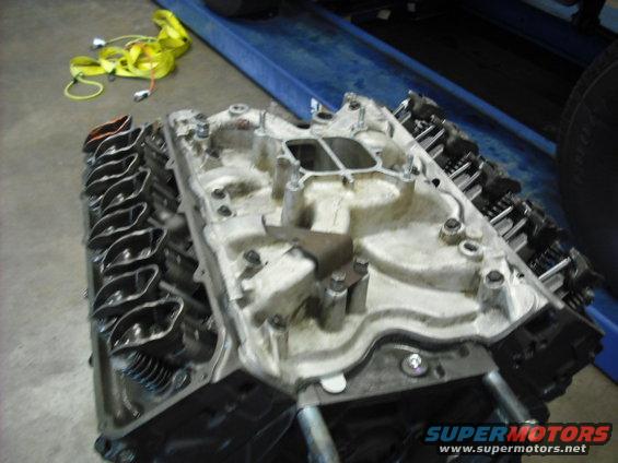 Engine intake manifold and cylinder heads with visible valve train components