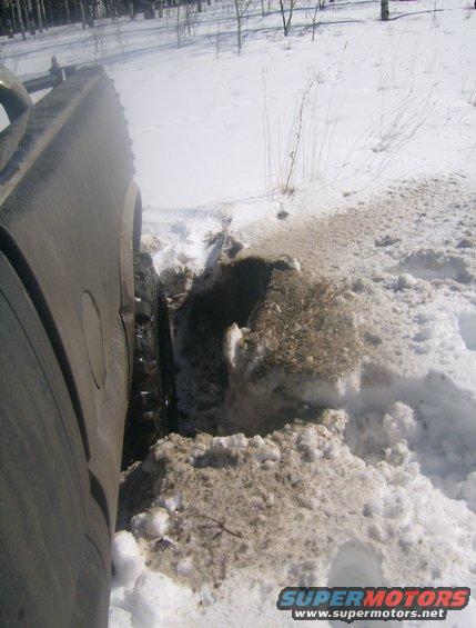 Vehicle tire stuck deep in snow and mud, with trees in background