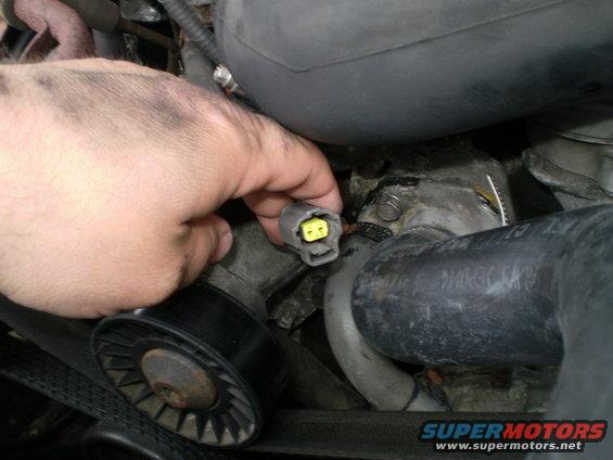 Hand holding gray electrical connector with yellow insert near engine components