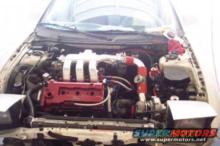 Engine bay with red Ford valve cover and turbocharger components