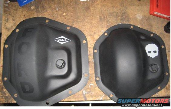 Two black differential covers, one with DANA logo, the other with a white skull sticker