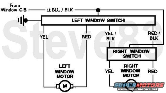 windowcircuit.jpg '80-96 F-series/Bronco Window Circuit
IF THE IMAGE IS TOO SMALL, click it.
Where this shows the Left switch as one, there are actually 2 independent switches on the driver's door.

The door window circuit is a common (Ford) polarity-reversing circuit with 1 switch for the left motor & 2 switches for the right.  The switches share power feed through the ignition switch (key-on only).  On Broncos, this feed is also used for the tailgate window motor's dash switch.  For the left window, the left (driver's) switch normally holds both motor wires to ground.  When operated, it sends one of the wires hot, powering the motor.  When operated the other way, the polarity is reversed, reversing the motor's direction.  For the right window, the left (driver's) switch normally holds both motor wires to ground, and the right (passenger's) switch normally holds the motor wires to the driver's switch wires.  When either is operated, it sends one of the wires hot, powering the motor.  When operated the other way, the polarity is reversed, reversing the motor's direction.  Neither switch is a &quot;master&quot; because neither will work if the other is in the opposite position.  But both must make contact internally when NOT in-use for the other to work.

See also:
[url=https://www.supermotors.net/registry/media/904649][img]https://www.supermotors.net/getfile/904649/thumbnail/alwaysonpw.jpg[/img][/url] . [url=https://www.supermotors.net/registry/media/908825][img]https://www.supermotors.net/getfile/908825/thumbnail/window1t0.jpg[/img][/url]