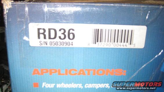 Blue product box with white label showing 'RD36' and a barcode