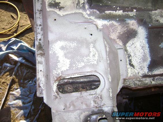 sand blasted mounting weldments to drillout spot welds in order to remove front body section drilled alignment holes to aid in reinstallation 