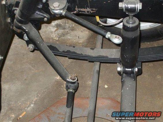 Close-up of a vehicle's steering linkage, leaf spring, and shock absorber