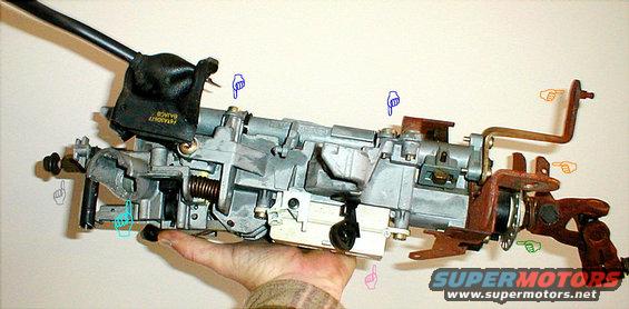 column-96-r.jpg Orange: shift cable
Green: wheel lock
Red: shift lock solenoid
Blue: shifter clamps
Pink: ignition switch
Teal: lock cylinder housing broken out by thieves
Gray: steering wheel splines

See also:
[url=https://www.supermotors.net/registry/media/831772][img]https://www.supermotors.net/getfile/831772/thumbnail/igswlogic.jpg[/img][/url] . [url=https://www.supermotors.net/vehicles/registry/media/71626][img]https://www.supermotors.net/getfile/71626/thumbnail/column-96-l.jpg[/img][/url] . [url=https://www.supermotors.net/registry/6098/31472-4][img]https://www.supermotors.net/getfile/701936/thumbnail/steeringcolumn92up.jpg[/img][/url] . [url=https://www.supermotors.net/vehicles/registry/media/434182][img]https://www.supermotors.net/getfile/434182/thumbnail/shiftercableadjustments.jpg[/img][/url] . [url=https://www.supermotors.net/vehicles/registry/media/894814][img]https://www.supermotors.net/getfile/894814/thumbnail/column9296tiltex.jpg[/img][/url] . [url=https://www.supermotors.net/vehicles/registry/media/185358][img]https://www.supermotors.net/getfile/185358/thumbnail/steering-column-wairbag.jpg[/img][/url] . [url=https://www.supermotors.net/vehicles/registry/media/440136][img]https://www.supermotors.net/getfile/440136/thumbnail/steeringcolumn92up.jpg[/img][/url]