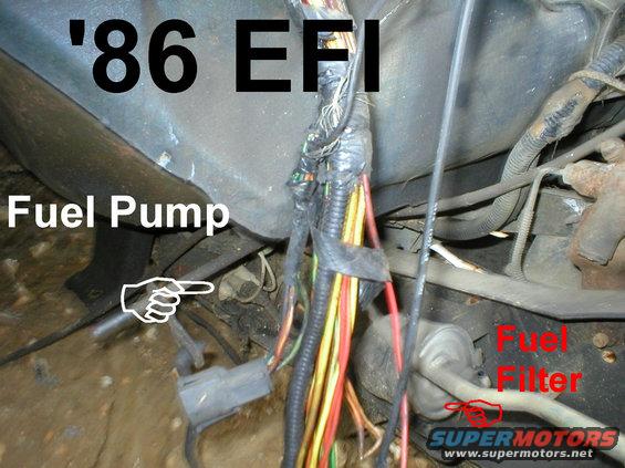 86-efi-fp.jpg '84-86 5.0L Fuel Pump & Filter under driver's floorboard (A5/FU)
IF THE IMAGE IS TOO SMALL, click it.

[url=http://www.supermotors.net/registry/media/474204][img]http://www.supermotors.net/getfile/474204/thumbnail/repairlocationsbronco.jpg[/img][/url] . [url=http://www.supermotors.net/registry/media/507187][img]http://www.supermotors.net/getfile/507187/thumbnail/relays1.jpg[/img][/url]

NOTE: The frame mounted fuel filter was repositioned to between the fuel pump and engine in February 1986.

[url=http://www.supermotors.net/registry/media/477914][img]http://www.supermotors.net/getfile/477914/thumbnail/fsa89s76fuelline.jpg[/img][/url]