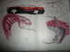 OK NOW THE BLUEPRINT...THIS IS THE SKETCH...HOUSE OF KOLOR KANDY RED WITH TWO DIFFERENT BASES KOLORS OVER KANDY RED, ONE BEING THE TOP OF THE CAR, BUT PAY ATTENTION TO THE RED SNAKE ACTIN AS A PIN STRIPE IN ACTION.THE BOTTOM OF THE CAR IS BLACK TO BLEND THE BLACK BACK OF MY MARAUDER HEAD LIGHTS AND BLACKED OUT TAIL LIGHTS...